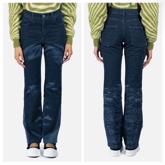 Paloma Wool Denim - Paloma Wool NEW Vida Jeans Straight Leg Pants Laser Printed Portrait Horses Blue